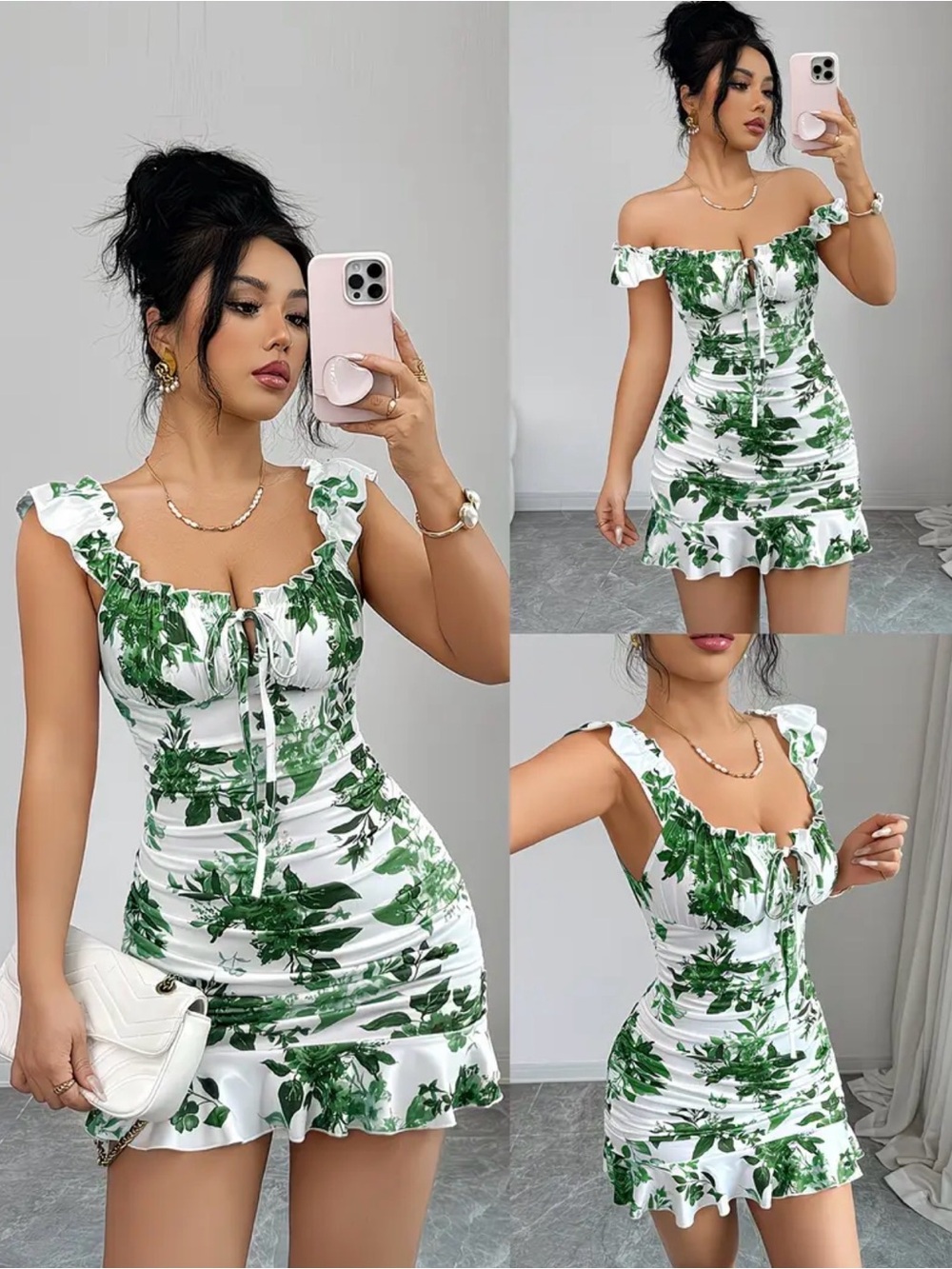 Green Floral Ruffle Off-Shoulder Mini Dress